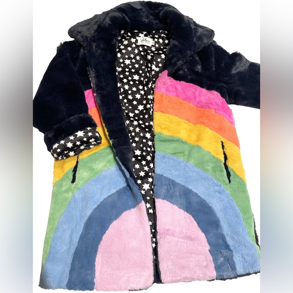 Lola + the Boys Rainbow Faux Fur Midi Coat size 8